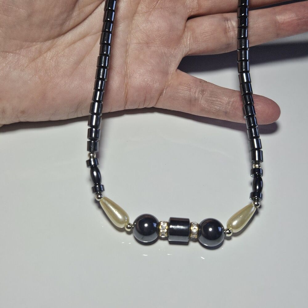Silver Gray Tone Hematite And Faux Pearl Beaded Necklace 30"